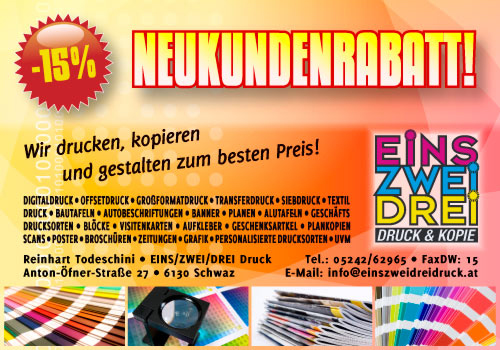 Gutschein, Coupon, Rabatt von Eins-Zwei-Drei-Druck & Kopie
