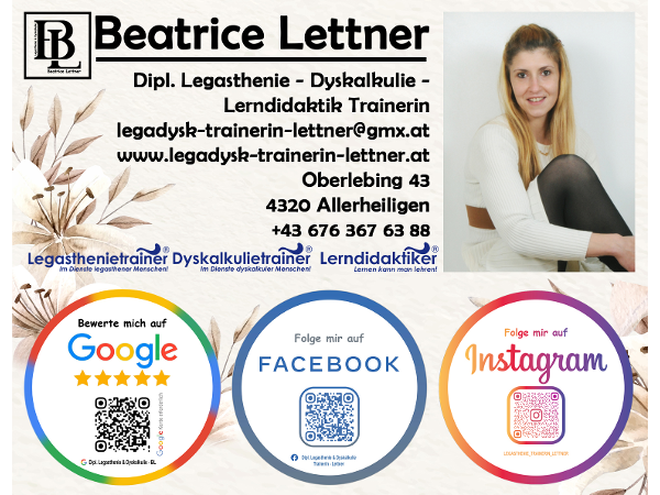 Bild 1 von Dipl. Legasthenie - Dyskalkulie - Lerndidaktik Trainerin - Beatrice Lettner
