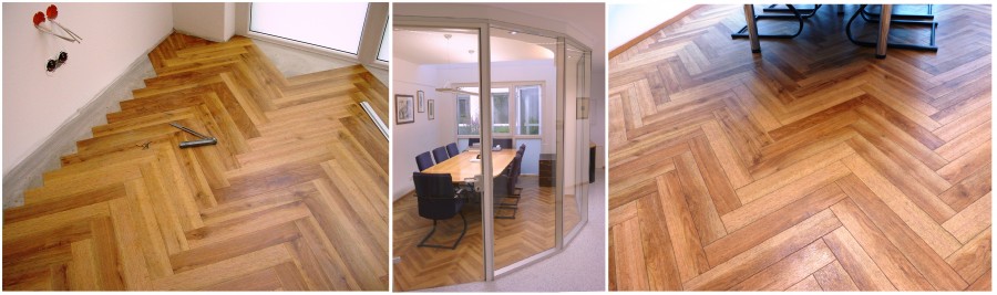 Kreativer Innenausbau: Designboden mit Parkettoptik. Materialstärke lediglich 2 mm, dabei aber höchst belastbar. Ausgezeichnet geeignet für Schauräume, Büros, Boutiquen, usw.
