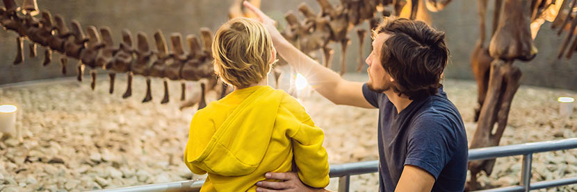 Kindermuseum Wien: Ein Vater zeigt seinem Sohn ein Dinosaurer-Skelett.