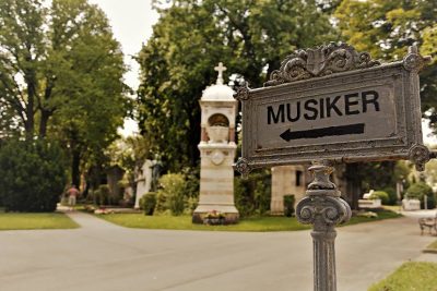 Wegweiser am Zentralfriedhof in Richtung Musiker und Ehrengräber.