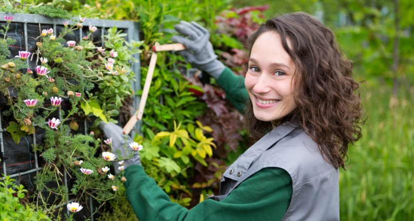 Junge Landschaftsgärtnerin, die an einem Projekt arbeitet und in die Kamera lächelt. Was darf Gartenplanung kosten?
