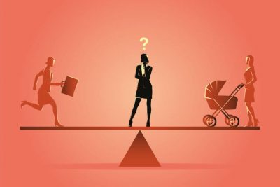 Grafische Darstellung einer Frau, die mitten im Arbeitsleben steht und sich zwischen Beruf und Familie entscheiden muss. Social Freezing kann eine Lösung sein.