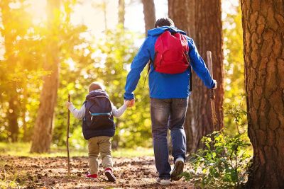 Vater mit Sohn beim Wandern in Niederösterreich, Rückenansicht.