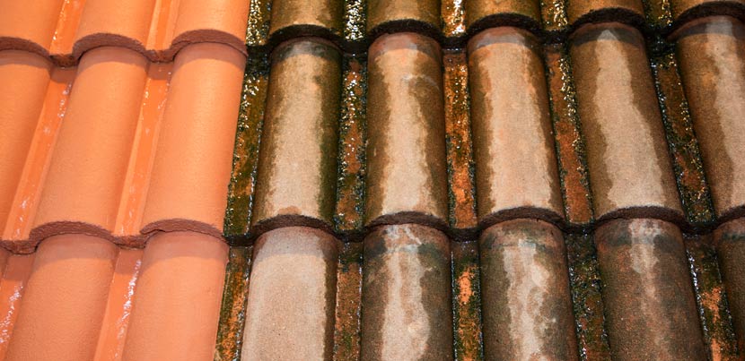 Ein Vergleich von Dachziegeln vor und nach einer Dachreinigung mit Hochdruckreiniger