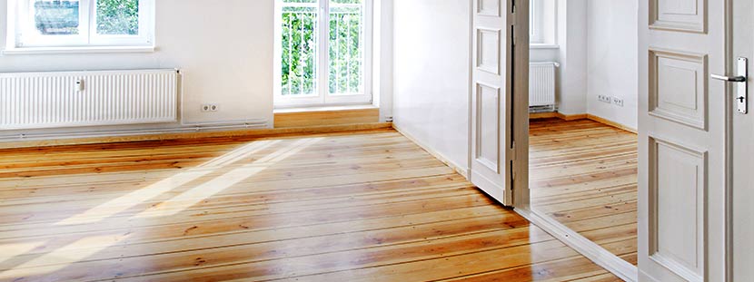 Eine helle, leere Wohnung mit weißen Wänden, großen Fenstern, weißen Türen und einem hellbraunen Dielenboden aus Holz.