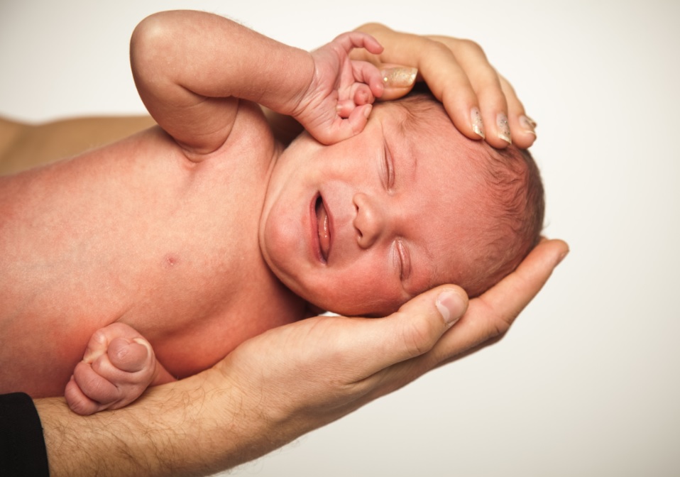 Baby Osteopathie Wien: Zwei Hände eines Osteopathen, der einen Säugling hält und sanft dessen Schädel abtastet.
