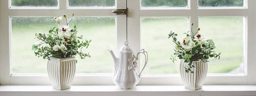 Fenster putzen lassen: Ein leicht verschmutztes Fenster mit weißen Rahmen. Auf der weißen Fensterbank stehen zwei Blumentöpfe und eine alte, weiße Teekanne.