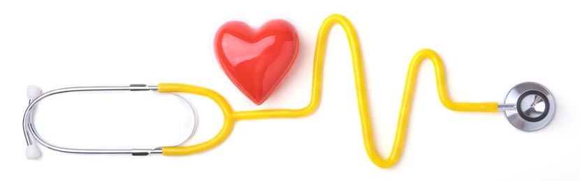 Gelbes Stethoskop, das aussieht wie eine Herzspannungskurve. Über dem Stethoskop ist ein rotes Herz zu sehen.