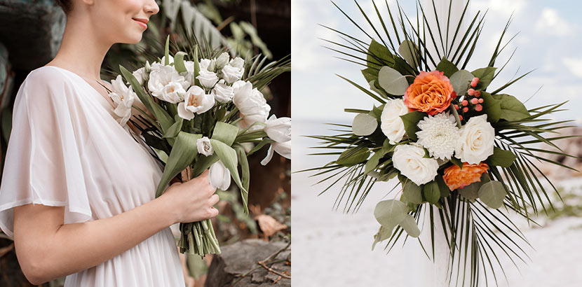 Ein tropischer Brautstrauß für die Strandhochzeit mit Palmblättern und weißen Blumen.