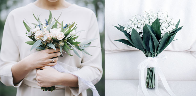 Kleiner Brautstrauß mit wenig Grün und wenigen Blumen sowie ein zweiter Hochzeitsstrauß nur mit Maiglöckchen.
