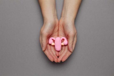 Frauenhand, die ein Modell eines Uterus in Händen hält. Gebärmutterhalskrebs Symptome.