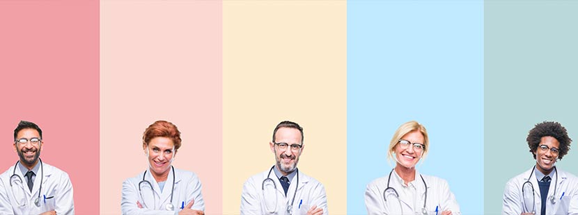 Sechs Ärzte und Ärztinnen vor verschieden farbigen Hintergründen. Welcher Arzt wofür zuständig?