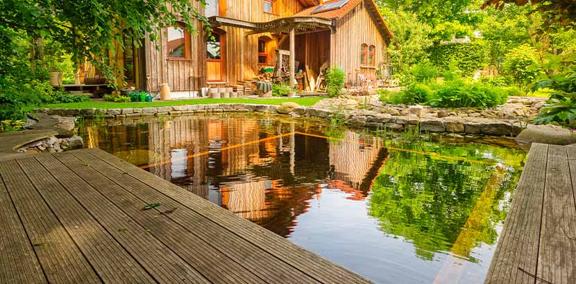 Ein Naturpool voller Wasser mit Haus und Terrasse aus Holz im Hintergrund.