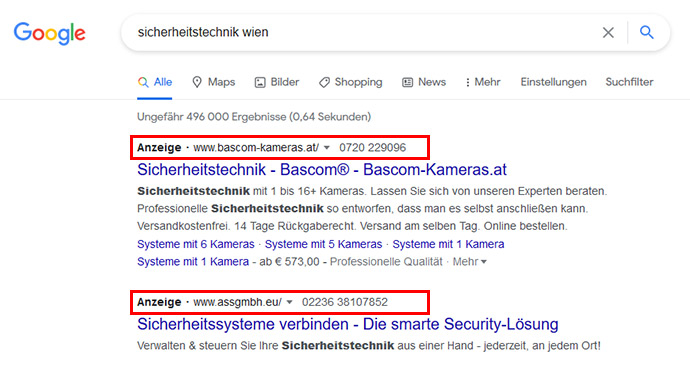 Anzeige von Google Ads bei lokaler Suchanfrage. Sichtbarkeit für Werbetreibende.