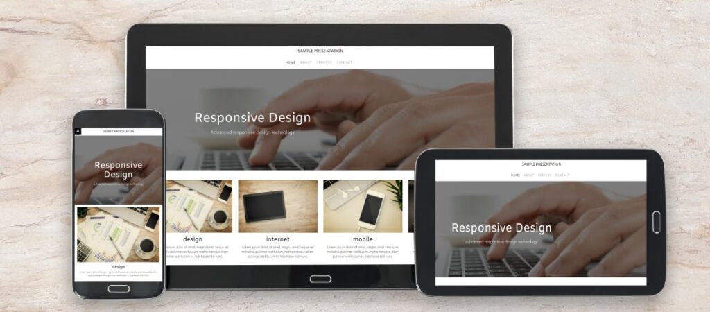 Website, die dank Responsive Design auf drei verschiedenen Endgeräten dargestellt wird.