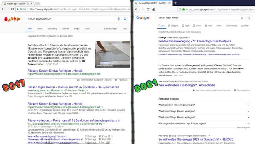 Google SERPs 2017 und 2021 im Vergleich zum Thema fliesen legen kosten.