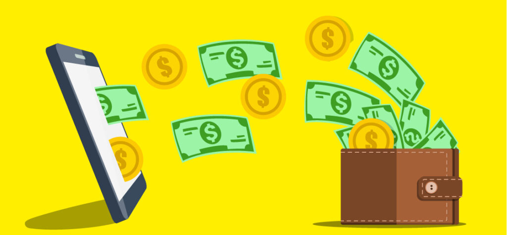Smartphone-Trends 2022: Geld, das aus einem Geldbeutel zu einem Smartphone "fliegt".