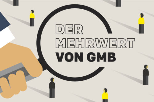 "Der Mehrwert von GMB"-Schriftzug unter einer Lupe.