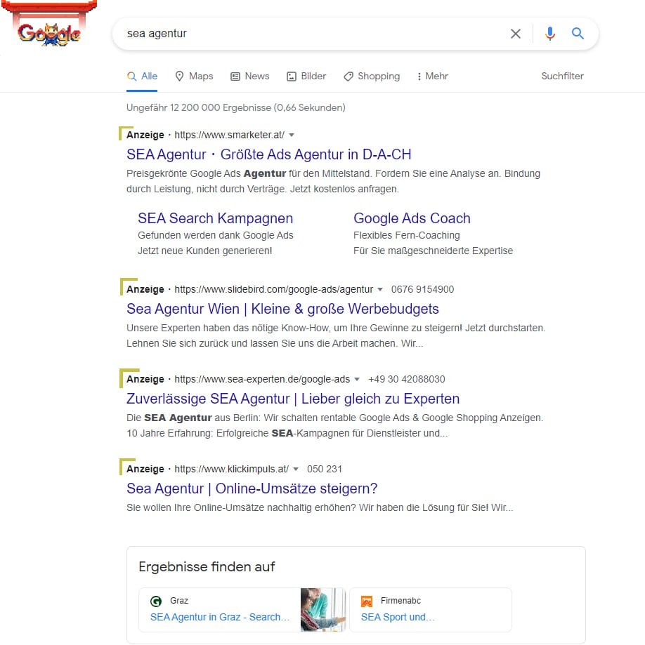 Screenshot von Werbeanzeigen in den Suchergebnissen