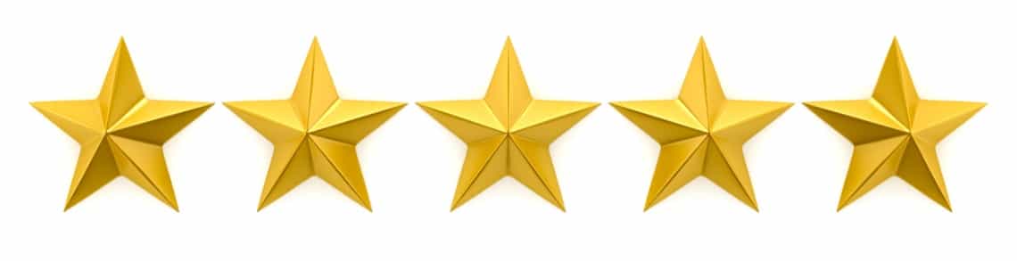 Fünf goldene Sterne, die die Bewertungen in Google My Business Einträgen symbolisieren.