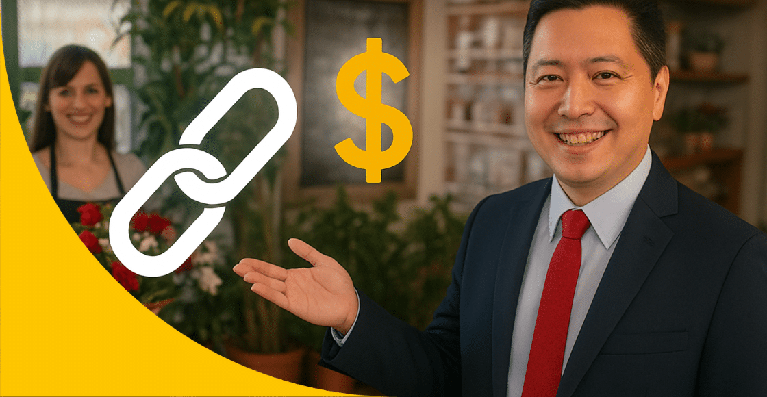 Mann im Blumengeschäft. Neben ihm ein Link- & ein Geld-Symbol