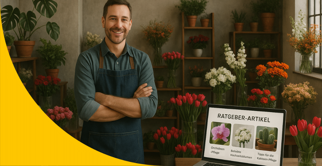 Florist im Geschäft, neben ihm seine Website mit Ratgeber-Artikeln