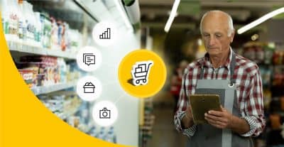 Älterer Supermarktbesitzer vor einem Regal mit einem Tablet in der Hand. Um ihn herum sind u.a. ein Warenkorb und ein Foto-Symbol als Hinweis für Trends im eCommerce.