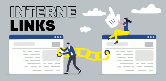 Grafik zeigt zwei Webpages, die mit einer Kette verbunden werden, als Symbol für interne Links (SEO).
