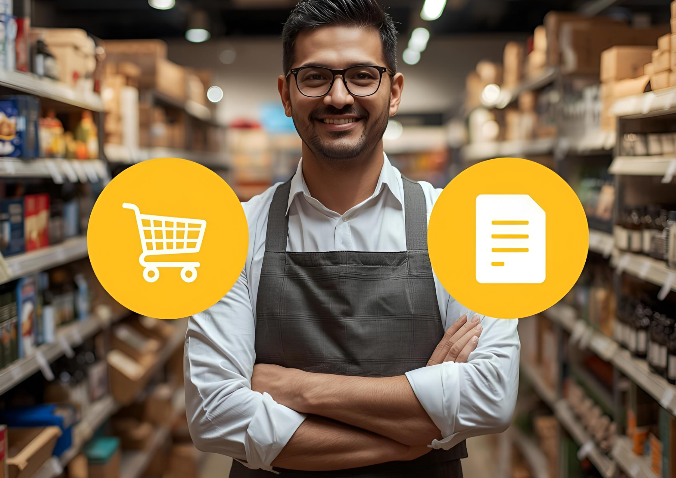 Unternehmer in seinem Geschäft, neben ihm ein Daten- und ein e-Commerce Symbol