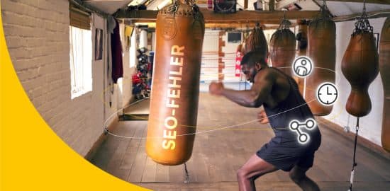 Boxer, der auf einen Boxsack haut, auf dem "SEO Fehler" steht. Um ihn herum sind ein Menschen- und ein Zeit-Symbol.