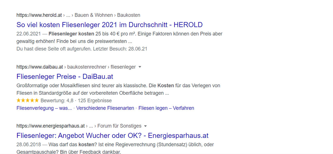 Beispiele eines Google SERP Snippets zum Thema Fliesenleger Kosten