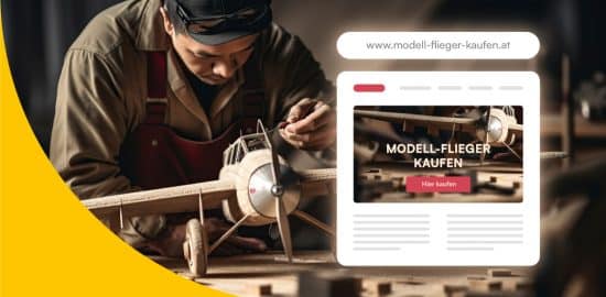 Modellbauer, der ein Modell-Flugzeug baut. Neben ihm seine Firmenwebsite.