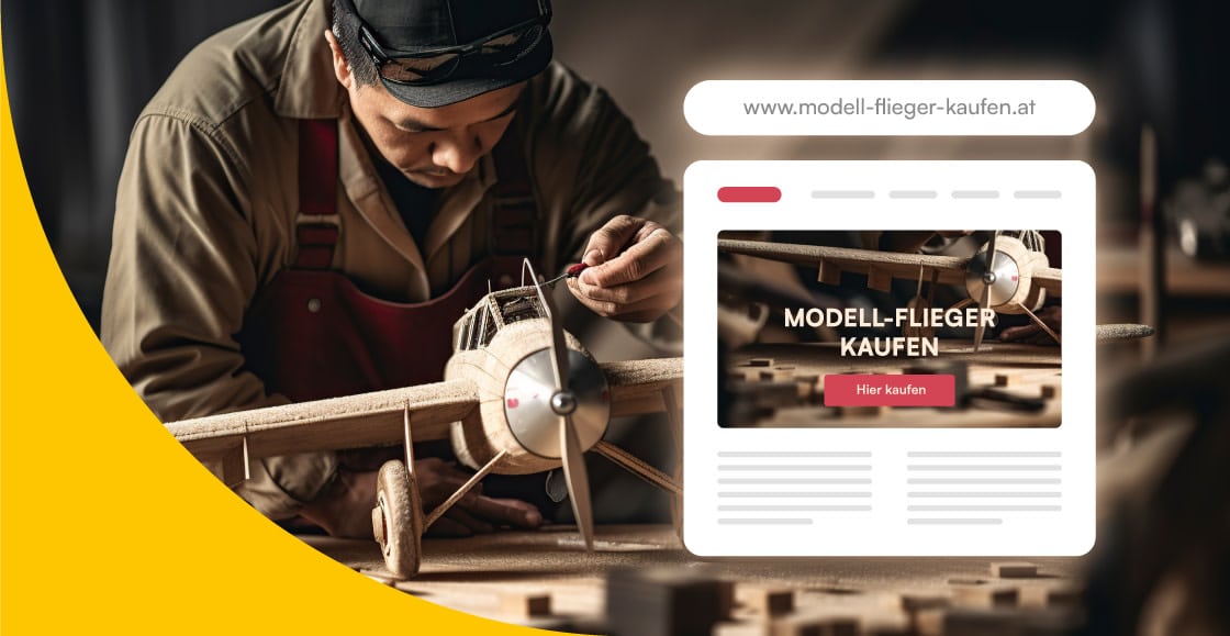 Modellbauer, der ein Modell-Flugzeug baut. Neben ihm seine Firmenwebsite.