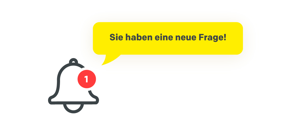 Benachrichtigungsglocke mit Sprechblase, in der steht: Sie haben eine neue Frage.