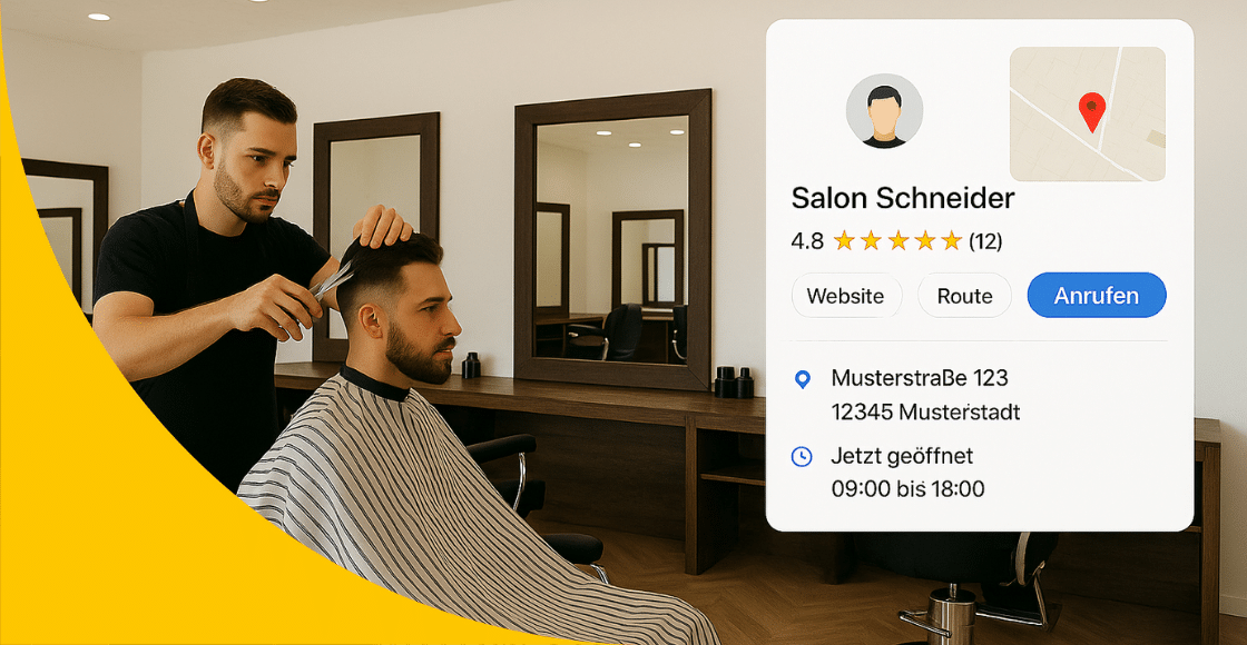 Friseur im Salon bei der Arbeit, neben ihm ein stilisierter Google My Business Eintrag