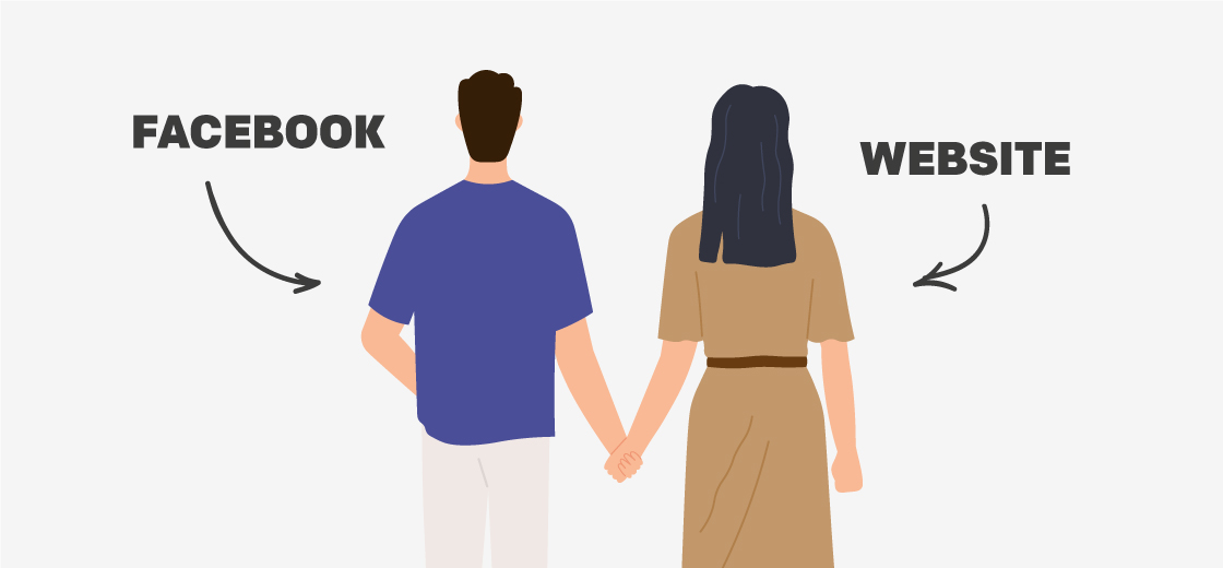Mann und Frau von hinten, die Händchen halten. Der Mann hat die Beschriftung "Facebook", die Frau die Beschriftung "Website".