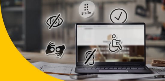 Das Bild zeigt eine barrierefreie Website auf einem Laptop und verschiedene Symbole der Barrierefreiheit.
