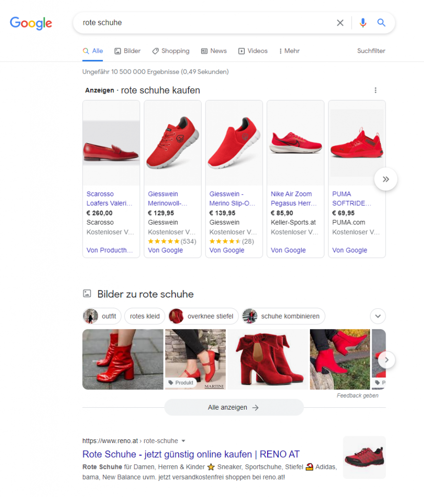 Screenshot des Kampagnentypen "Shopping" beim Keyword "rote Schuhe"