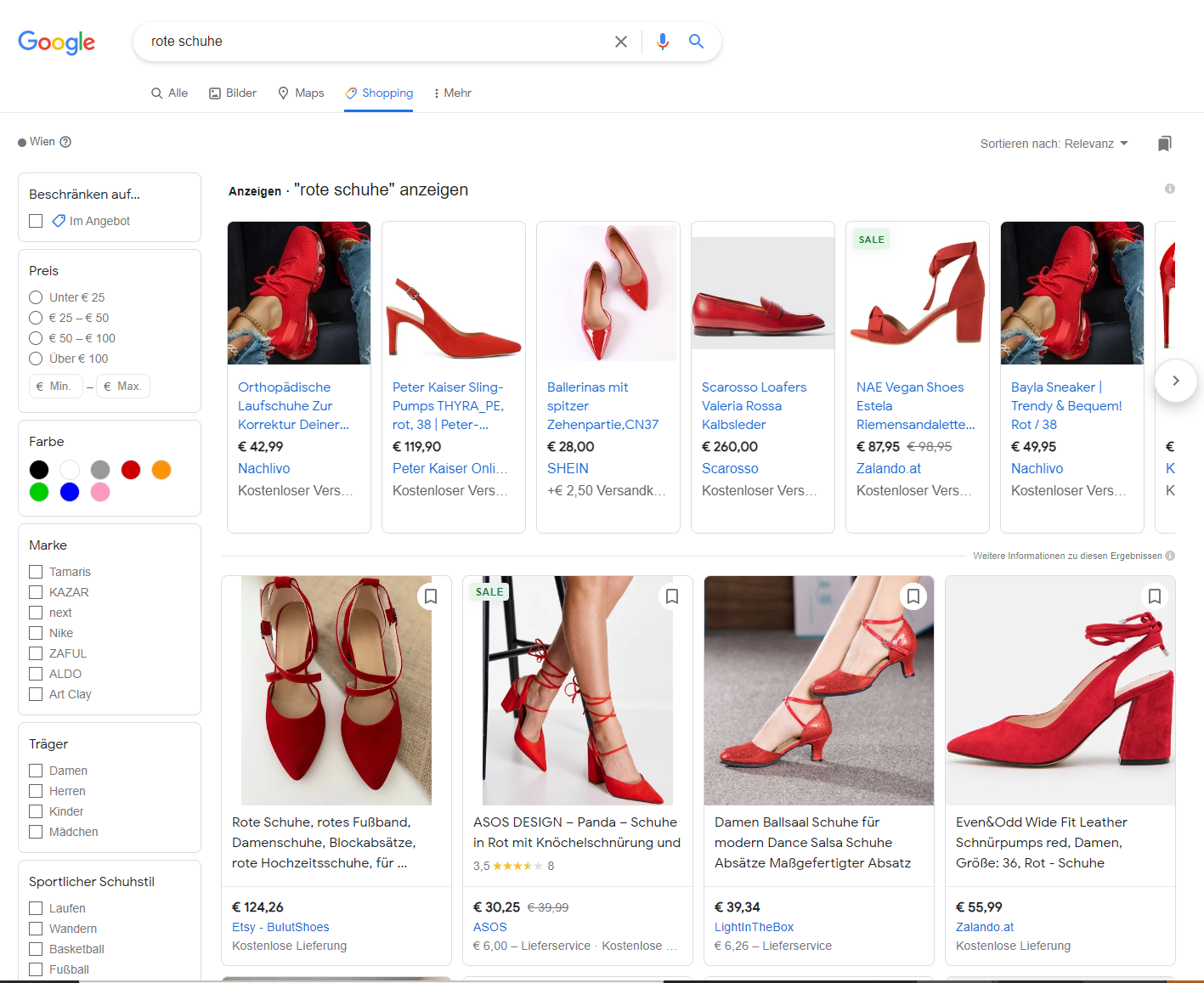 Suchergebnisse zum Begriff "rote Schuhe", wenn man oben auf Shopping klickt.