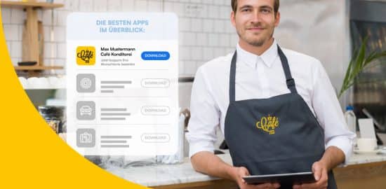 Mann in seinem Café mit Tablet in der Hand. Links von ihm sieht man einen stilisierten App Store mit seiner App ganz oben