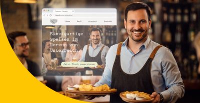 Bild zeigt Restaurantinhaber mit Tellern in der Hand, während im Hintergrund zu sehen ist, dass er eine Restaurant Website erstellen lassen hat.