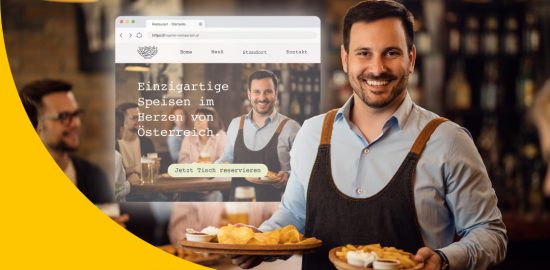 Bild zeigt Restaurantinhaber mit Tellern in der Hand, während im Hintergrund zu sehen ist, dass er eine Restaurant Website erstellen lassen hat.