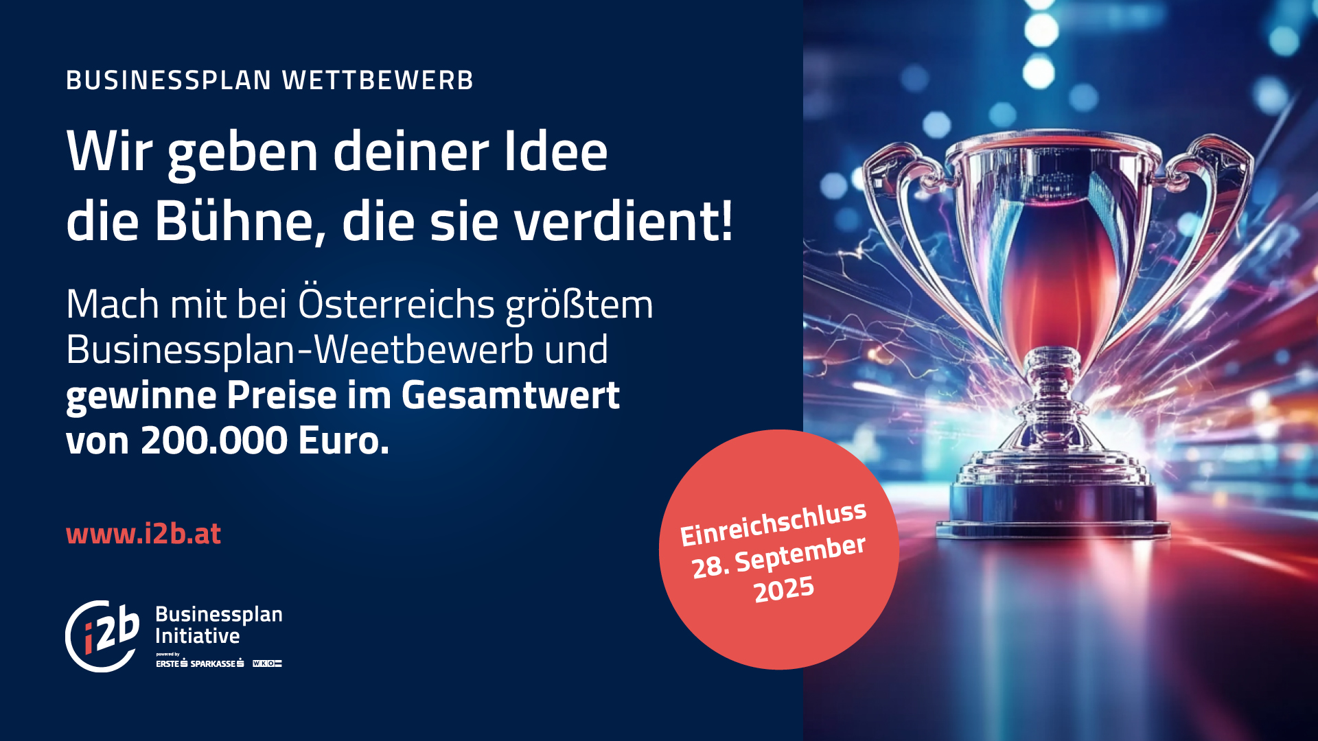 Bild mit Infos zum i2B Wettbewerb, rechts ein bunter Pokal