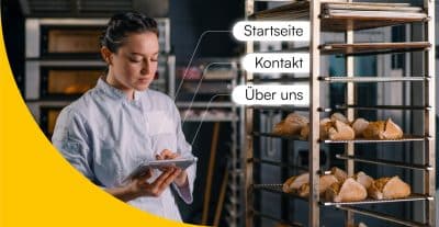 Bäckerin neben Bäckerwagen/-tablett, auf dem neben Brötchen die Worte Startseite, Kontakt und Über uns liegen