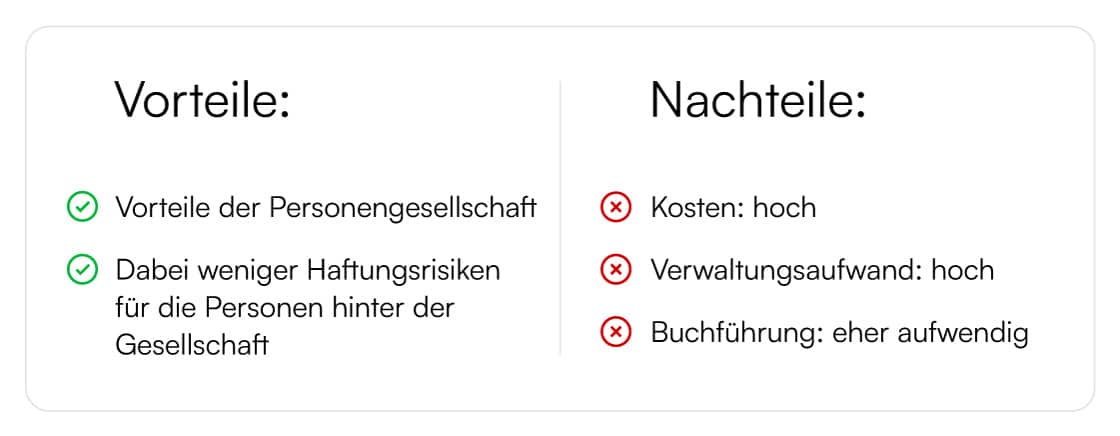 Hier siehst du die Vorteile und Nachteile einer GmbH & Co KG als Stichpunktliste.