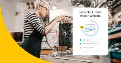Besitzerin eines Fahrrad-Reperatur-Geschäfts. Neben ihr ein Website-Fitness-Check