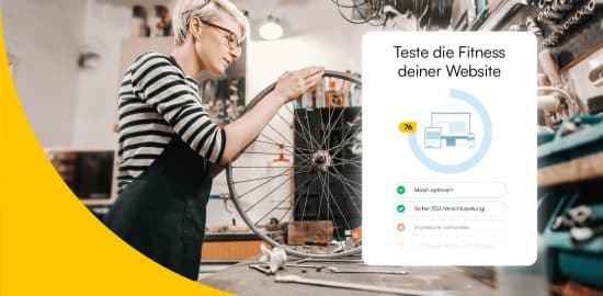 Besitzerin eines Fahrrad-Reperatur-Geschäfts. Neben ihr ein Website-Fitness-Check