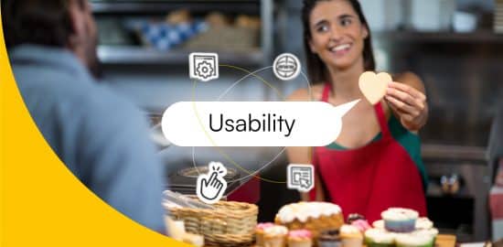 Bäckerin mit Herzkeks, neben dem eine Sprechblase mit dem Wort "Usability" steht