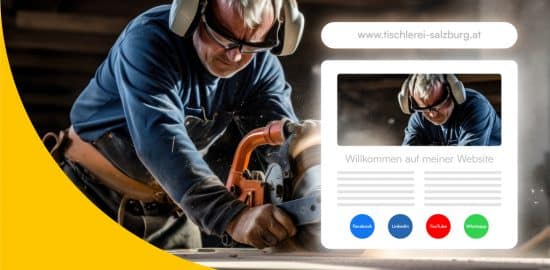 Tischler bei der Arbeit, neben ihm seine Website mit Social Media Widgets